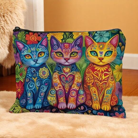Cat Trio Psychedelic Makeup Bag Colorful Art Cosmetic Travel Pouch Case NWT - Picture 3 of 11